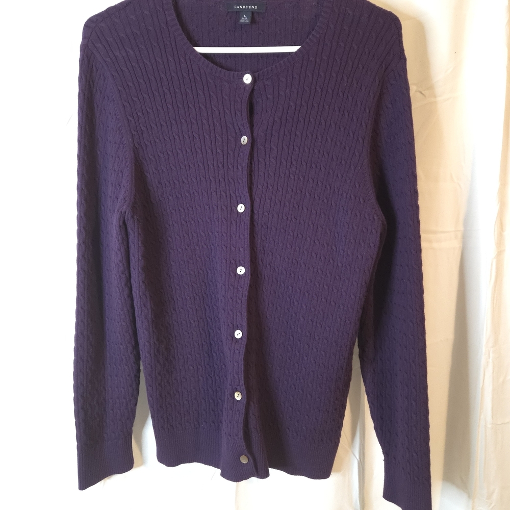 Lands' End Women's Pretty Deep Purple Button Up Cable Knit Cardigan Size L